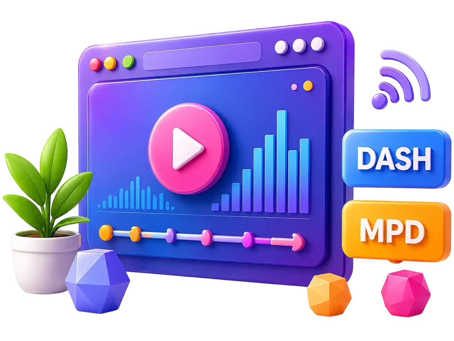 3D illustration of an online MPEG-DASH player with MPD and DASH labels