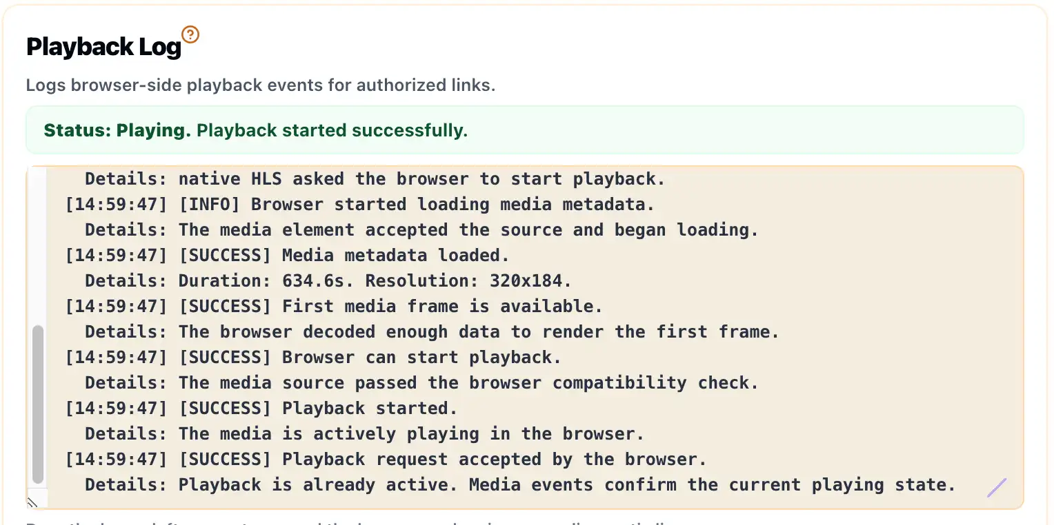 Screenshot of the MetisTools Playback Log used to review browser-side HLS loading events
