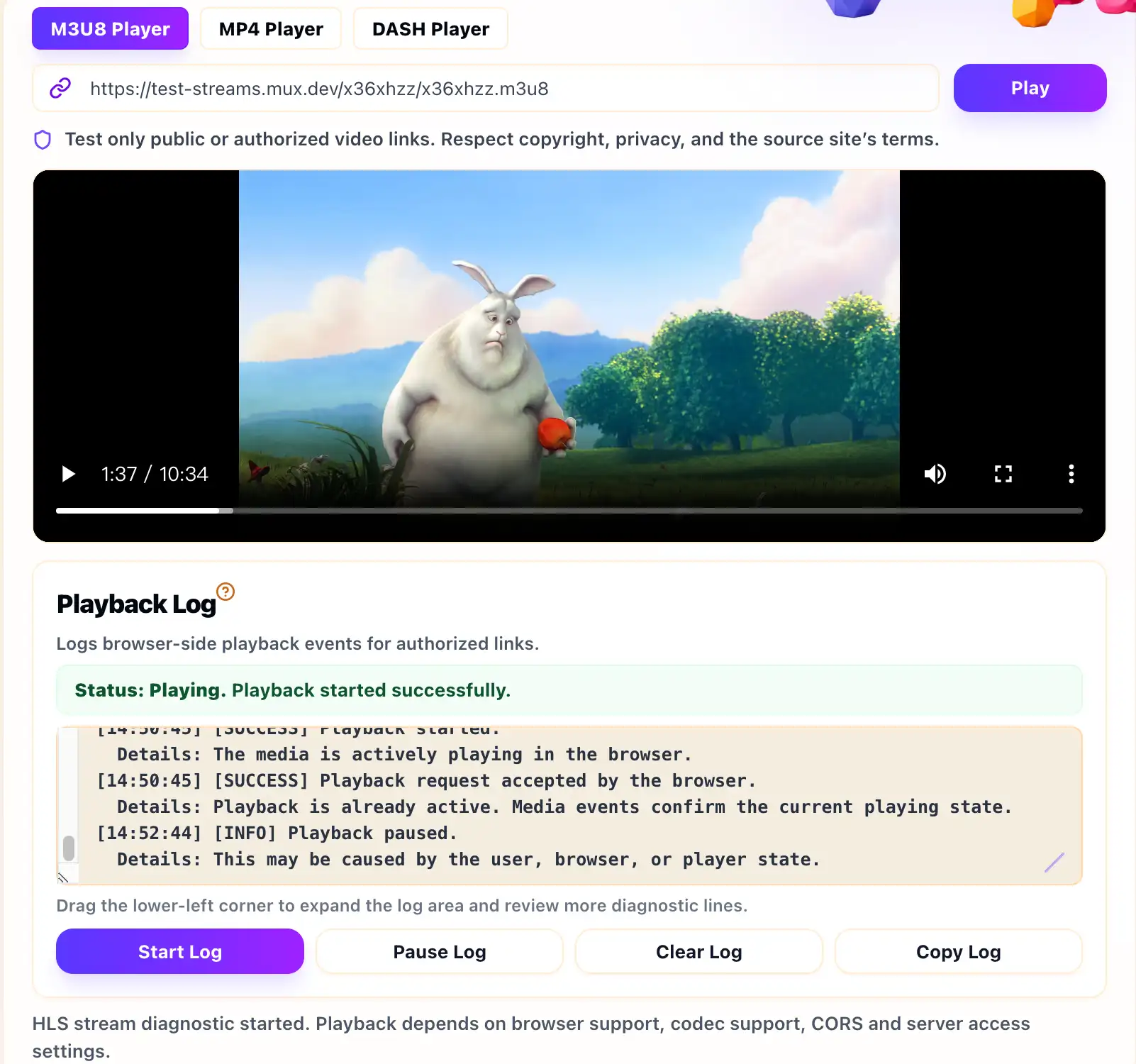 Screenshot of browser-side video playback testing with MetisTools Playback Log events