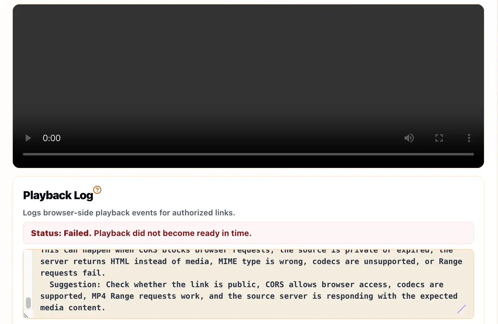 Screenshot of a browser-side M3U8 playback failure with Playback Log details
