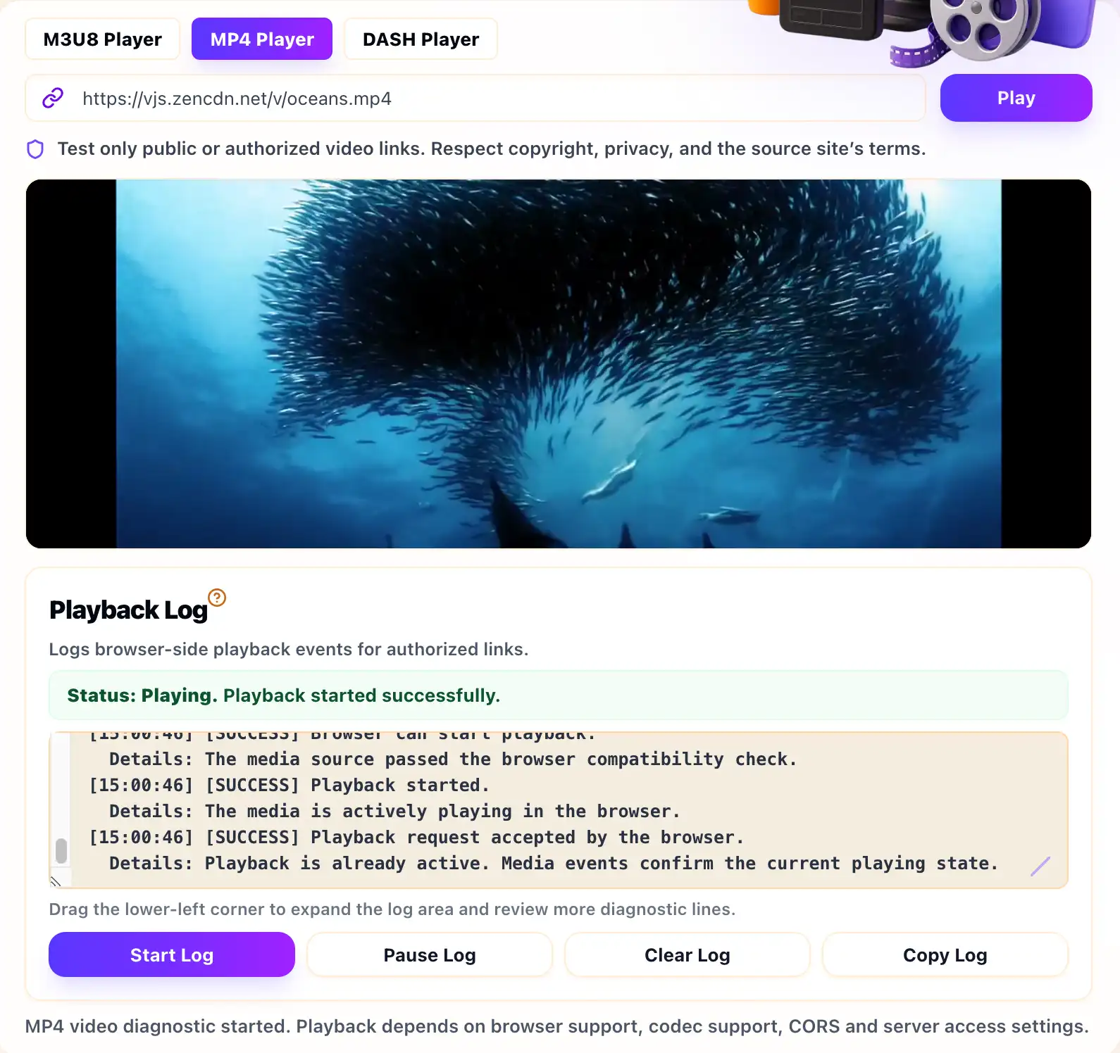 Screenshot of the MetisTools MP4 Player testing a public MP4 URL with playback diagnostics