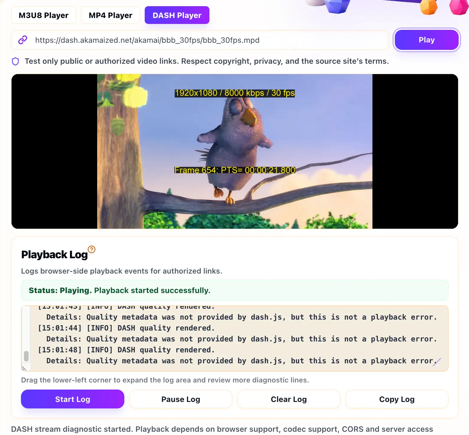 Screenshot of the MetisTools DASH Player testing a public MPD manifest with Playback Log events