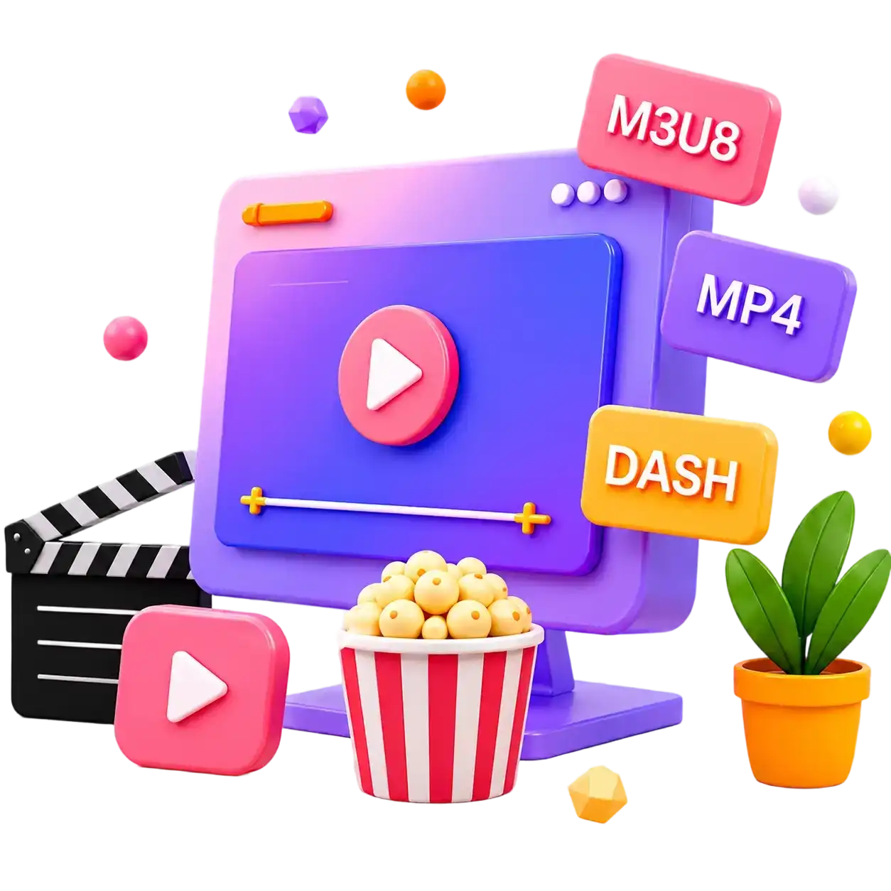 3D illustration of online video player tools for M3U8, MP4 and DASH testing