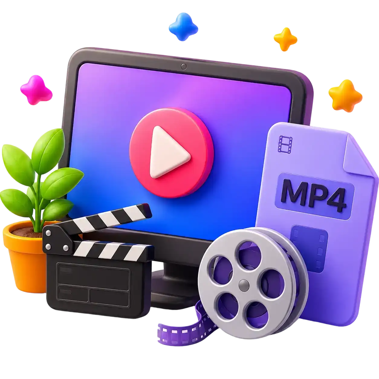 3D illustration of an online MP4 video player with video file and film reel